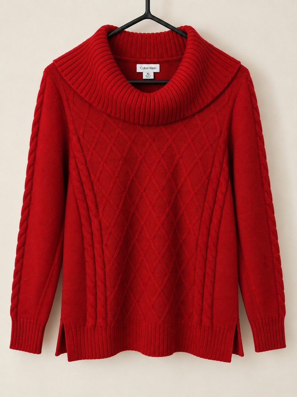 Calvin Klein Red Cable & Diamond Knit Cowl Neck Sweater XL